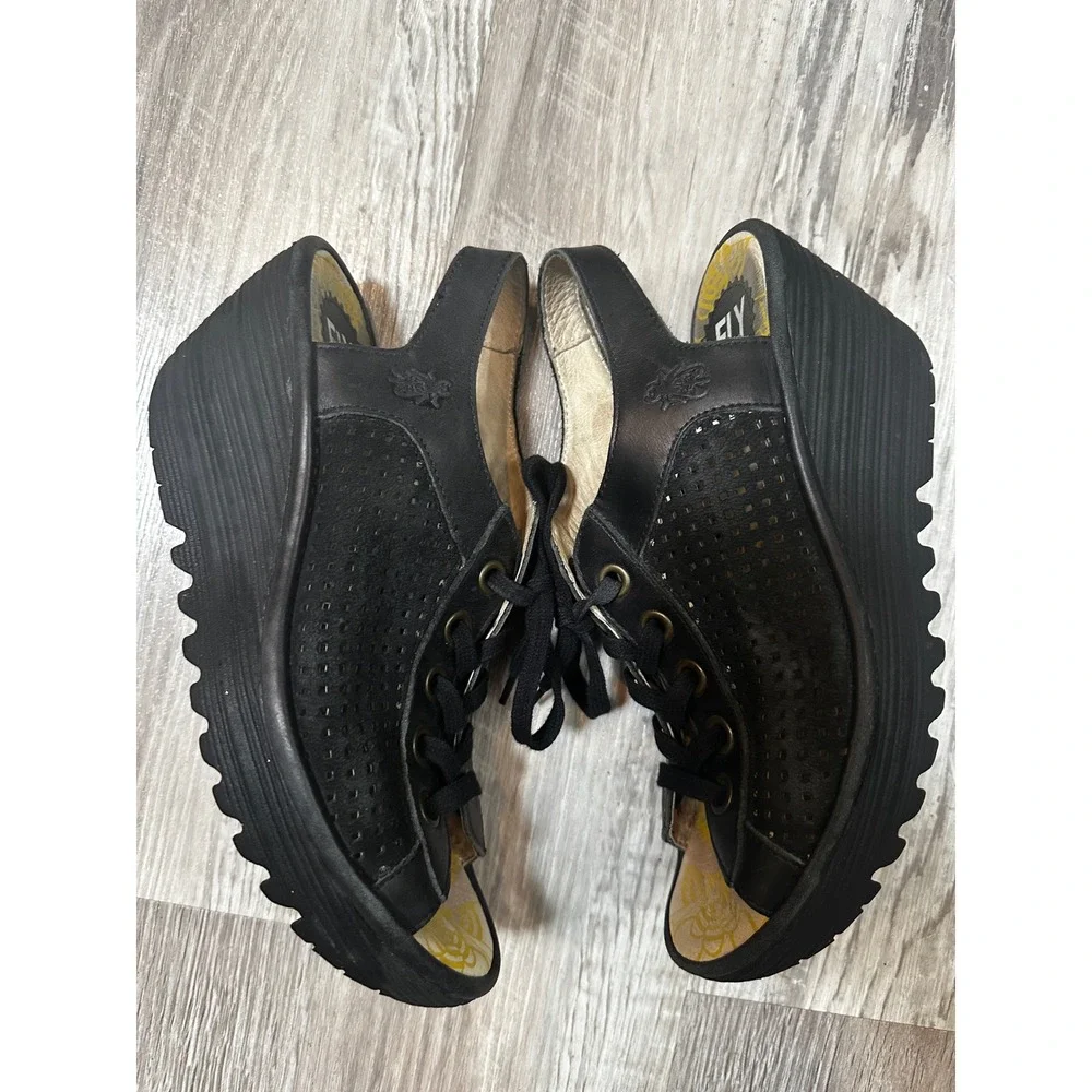 Fly London Yala Black Leather Perforated Lace Up Wedge Sandals Peep Toe EU39/US8